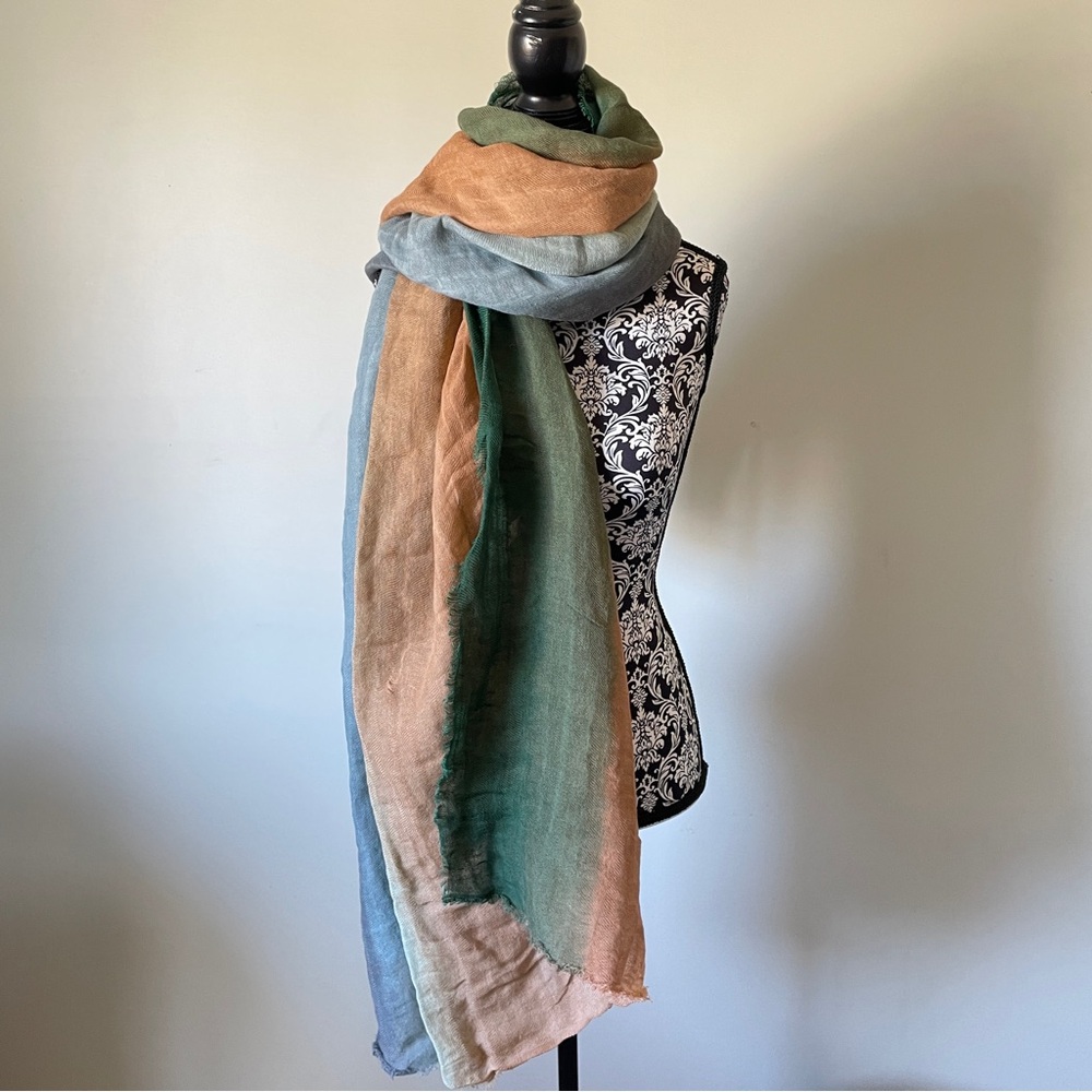ZARA Oversized Colorblock Fringe Scarf Blue Brown Green GreyWrap Cover Up Shawl